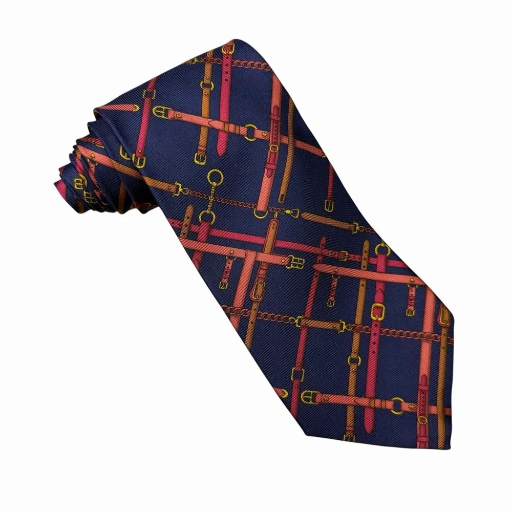 Gucci Mens Tie Equestrian Belts Navy Blue Satin Silk 3 7/8